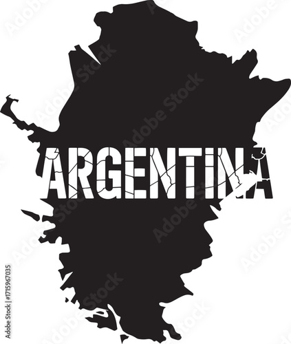 Argentina Country Map Silhouette with Cracked Text Effect on Transparent Background for Projects