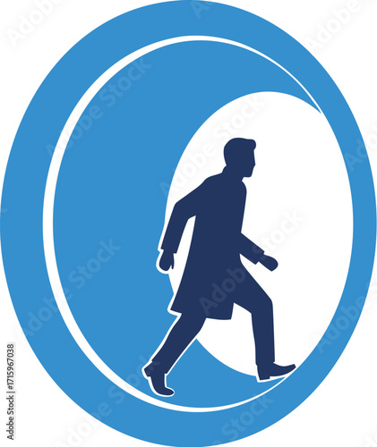 Silhouette of person walking inside a blue circle graphic