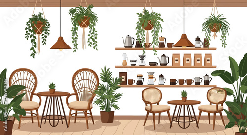 Charming indoor coffee shop illustration with plants and wicker chairs