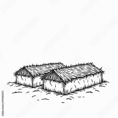 Two straw huts in black and white sketch style  