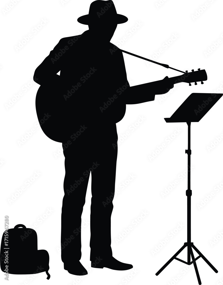 Obraz premium Street performer plays guitar with hat and music stand
