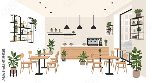 Charming urban cafe interior with plants and minimalist furniture design