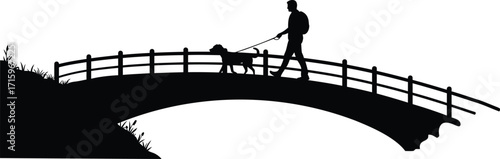 Person walking a dog across a picturesque bridge in silhouette
