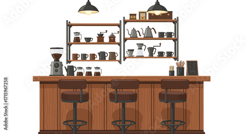 Charming Vintage Coffee Shop Illustration with Shelves and Bar Stools