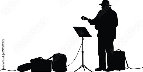 Musician Playing Guitar Outdoors With Equipment