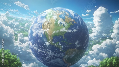 A breathtaking aerial view of the planet Earth, showcasing its diverse continents and swirling clouds under a vibrant sky