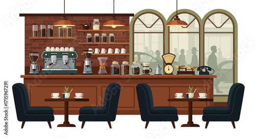 Charming vintage coffee shop interior illustration with inviting atmosphere
