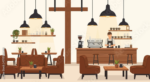 Comfortable Interior of a Modern Coffee Shop with Barista and Seating Area