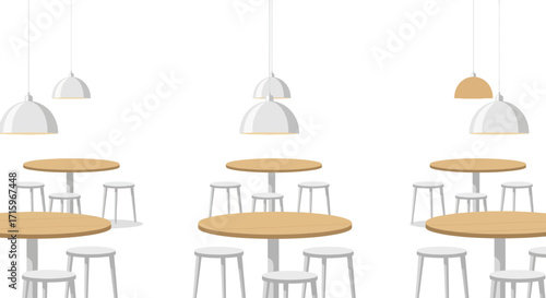 Contemporary cafe interior setting with multiple tables and chair arrangements