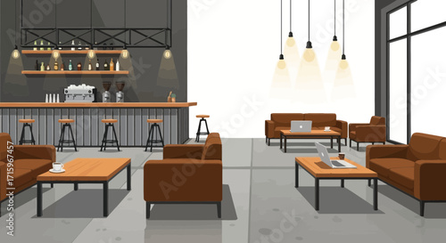 Contemporary cafe interior with workspace, bar, and relaxed lounge areas