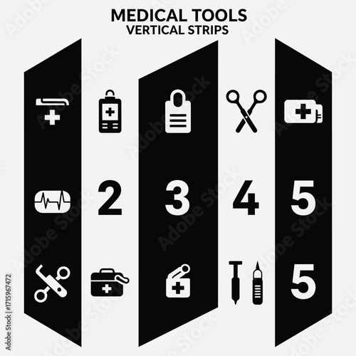 Collection of essential medical tools and healthcare equipment icons in a sleek silhouette design for diverse applications