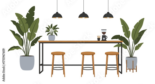 Contemporary minimalistic coffee shop interior with bar stools and plants