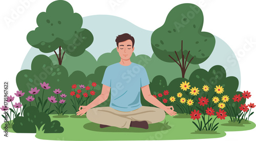 Man Meditating Outdoors In Nature With Flowers And Trees