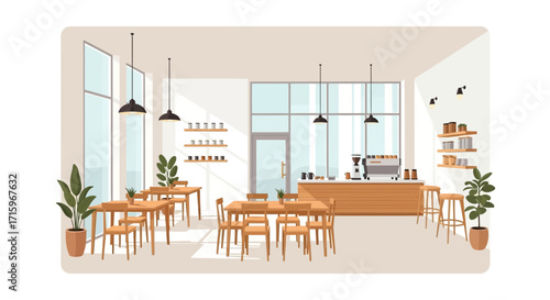 Cozy and Bright Cafe Interior with Modern Furnishings and Potted Plants