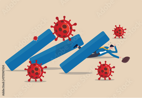 Coronavirus outbreak financial crisis business close down and bankrupt, stock market crash and economic collapse concept, COVID-19 virus pathogen impact bar graph falling and collapse on businessman.