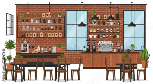 Cozy and inviting coffee shop interior with brick walls and wooden furniture