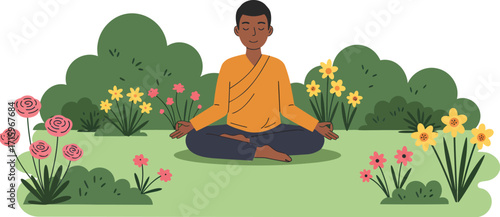 Person meditating peacefully in a serene garden surrounded by blooming flowers and lush greenery