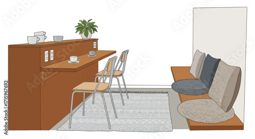 Cozy and Minimalist Interior Scene with Desk Chairs and Relaxing Sofa