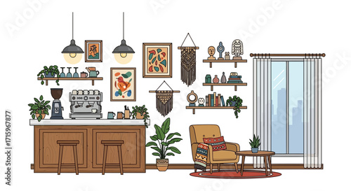Cozy apartment interior design featuring coffee bar and boho decoration