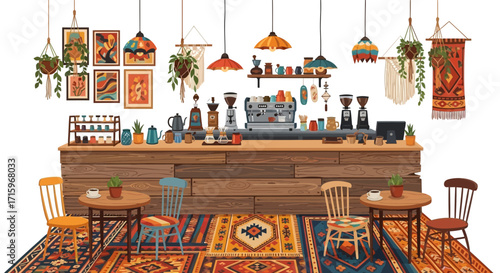 Cozy bohemian coffee shop interior with colorful textiles and plants
