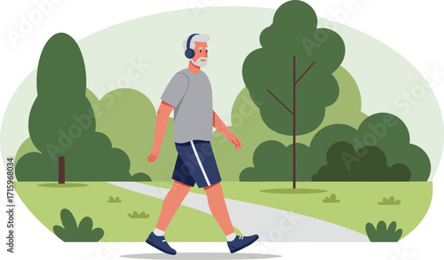 Active Senior Man Enjoying a Peaceful Walk Outdoors