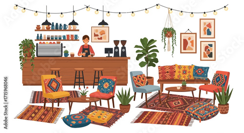 Cozy Bohemian Coffee Shop with Eclectic Decor and Relaxing Atmosphere