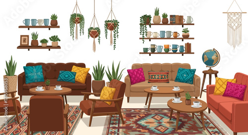 Cozy Bohemian Living Room with Mid-Century Modern Furniture and Decor