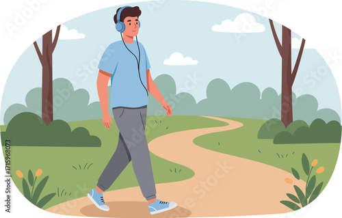 Man Walking Through Park Listening to Music