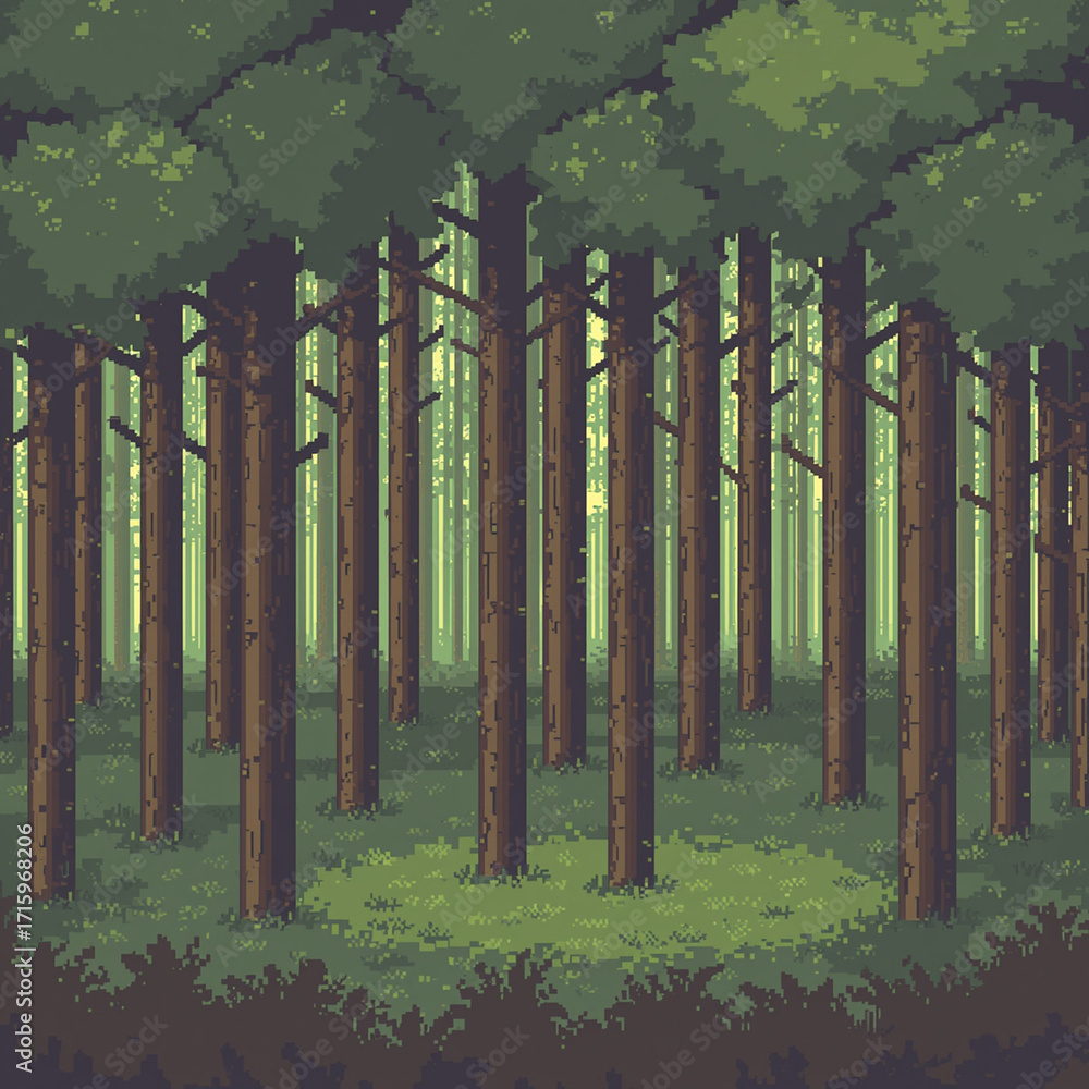 Fototapeta premium Pixelated 8-bit style forest scene, tall trees represented by vertical green and brown blocks, ground textured with repeating square patterns, dappled light simulated with lighter