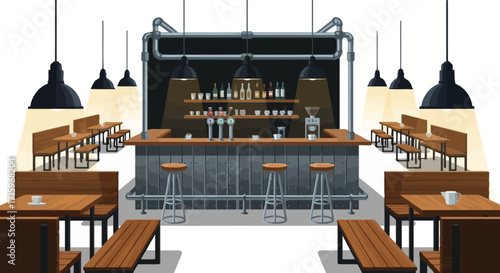 Cozy cafe interior design with wooden furniture and industrial accents