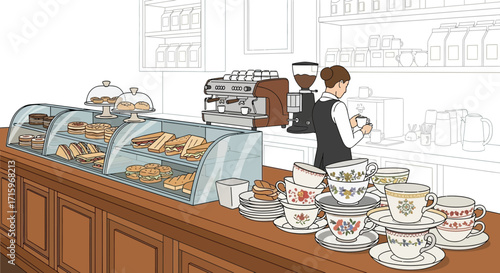 Cozy cafe interior featuring sandwiches, cakes, coffee, and tea cups display