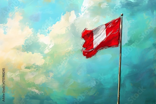 Symbolic red and white banner fluttering under a dramatic, brushstroke-painted sky, evoking patriotic sentiment and national spirit