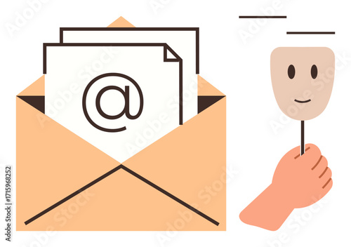 Open envelope with email at sign and hand holding smiling mask, suggesting digital persona. Ideal for email, communication, online privacy, identity, anonymity, correspondence, branding in simple