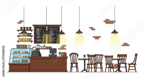 Cozy café interior illustration with bakery display and seating area