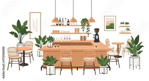 Cozy Cafe Interior with Natural Elements and Inviting Atmosphere Illustration
