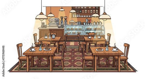 Cozy cafe interior with wooden furniture and delightful treats display