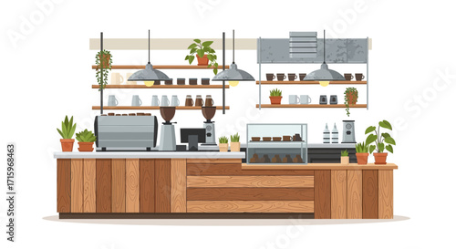 Cozy cafe interior with wooden counter and greenery decor shelves