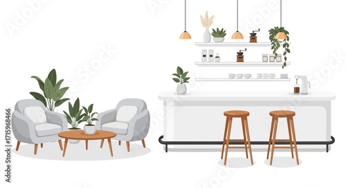 Cozy cafe lounge with comfortable seating and stylish coffee bar arrangement