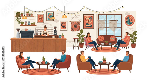 Cozy cafe scene with people relaxing, reading books and enjoying coffee
