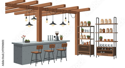 Cozy coffee shop corner with modern bar, shelves, and hanging lights design