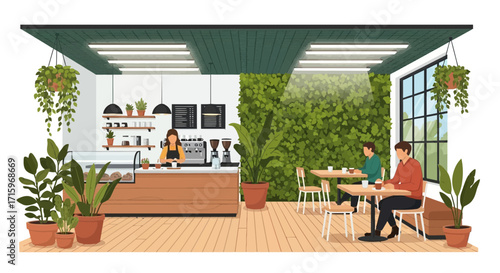 Cozy coffee shop illustration with patrons and greenery ambiance scene