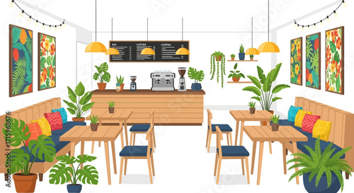 Cozy coffee shop illustration with plants and vibrant decor, a welcoming ambiance