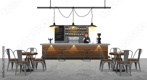 Cozy Coffee Shop Interior Illustration with Barista and Seating Area