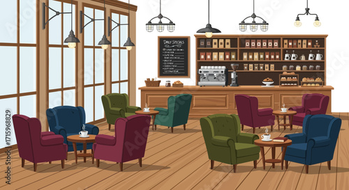 Cozy coffee shop interior illustration with comfortable armchairs setting