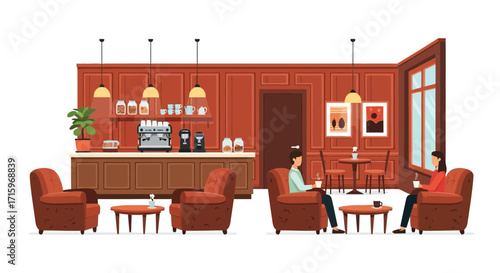 Cozy Coffee Shop Interior Illustration with Customers Relaxing in Armchairs