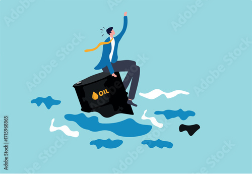 Oil price crisis, risk from energy or oil company stock or loss from commodity price volatility concept, isolated businessman investor survive on crude oil gallon floating in ocean waiting for help
