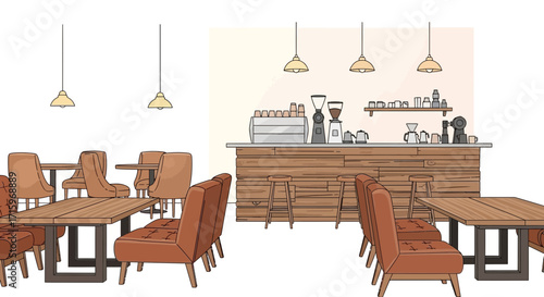 Cozy Coffee Shop Interior Illustration with Rustic Wood Bar and Seating