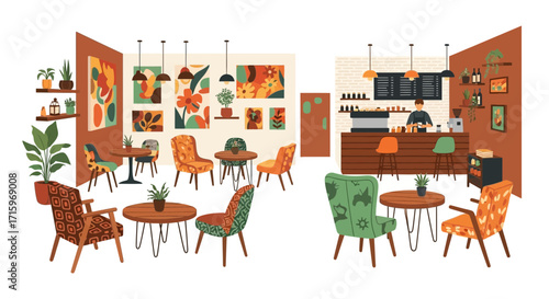 Cozy Coffee Shop Interior with Artistic Design and Comfortable Seating