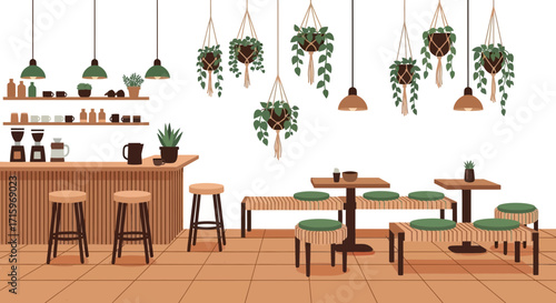 Cozy coffee shop interior with bar, tables, and hanging plants illustration