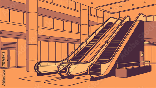 Interior view of a building lobby featuring two escalators and large windows with pillars present